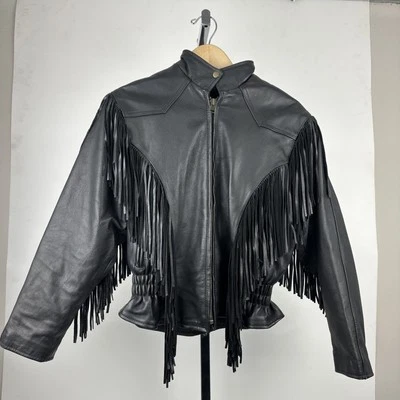 UNIK Leather Fringe Jacket Women’s Large Black Western Biker Genuine Leather - Image 1 of 4