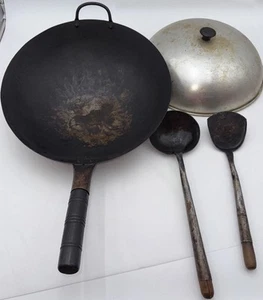 Cast Iron Wok Traditional Hand Hammered Carbon Steel 14” Lid Spatula Ladle VTG - Imagen 1 de 16