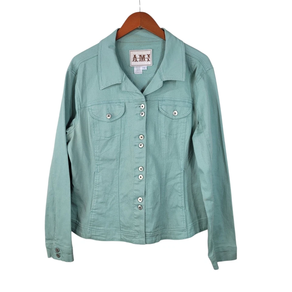 Chaqueta vaquera AMI Denim abrigo grande abotonada azul menta verde elástica para mujer Foto 1 de 4