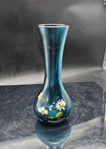 Türkis Glas Knospen Vase mundgeblasen 5 in bemalten Blumen - Bild 1 von 6