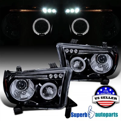 Fits 2007-13 Toyota Tundra Sequoia Black Smoke Projector Headlights Halo LED Bar - Image 1 of 4