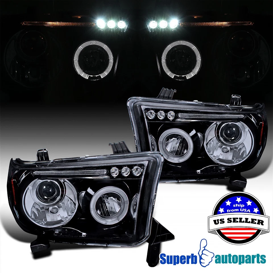 Fits 2007-13 Toyota Tundra Sequoia Black Smoke Projector Headlights Halo LED Bar Foto 1 de 4