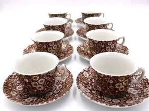 SET OF 8 CROWNFORD STAFFORDSHIRE CUPS & SAUCERS CALICO BROWN ENGLAND - Picture 1 of 5