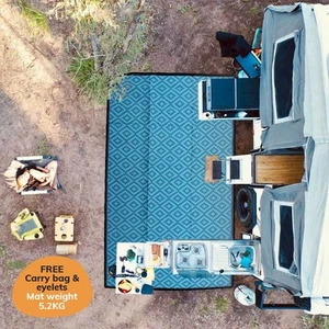 RECYCLED Plastic Outdoor Rug | DIAMOND Design, Rectangle in Teal & Navy Blue - Picture 1 of 7