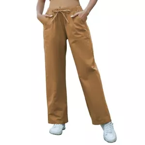 Womens Cotton Casual Pants Straight Wide Leg Drawstring Elastic (Khaki Medium) - Picture 1 of 7