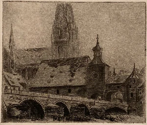 Antike Radierung Aquatinta der Chicago Kirche an der Brücke um 1920 unbekannter Künstler - Bild 1 von 9
