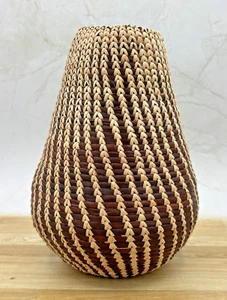 Calabash Handcrafted Woven Vase Palm Straw Rattan Natural & Black Dye 9.75"h EUC - Picture 1 of 13