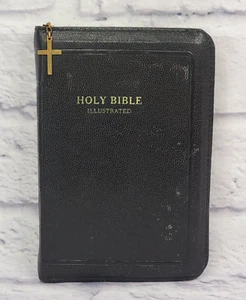 Vintage 1950's Small Bible King James Version Illustrated Black Leather Zipper - Picture 1 of 14