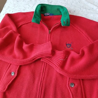 Suéter Tejido Escudo Club de Golf Polo Ralph Lauren De Colección Años 90 Rojo L Cremallera Completa Raro Foto 1 de 4