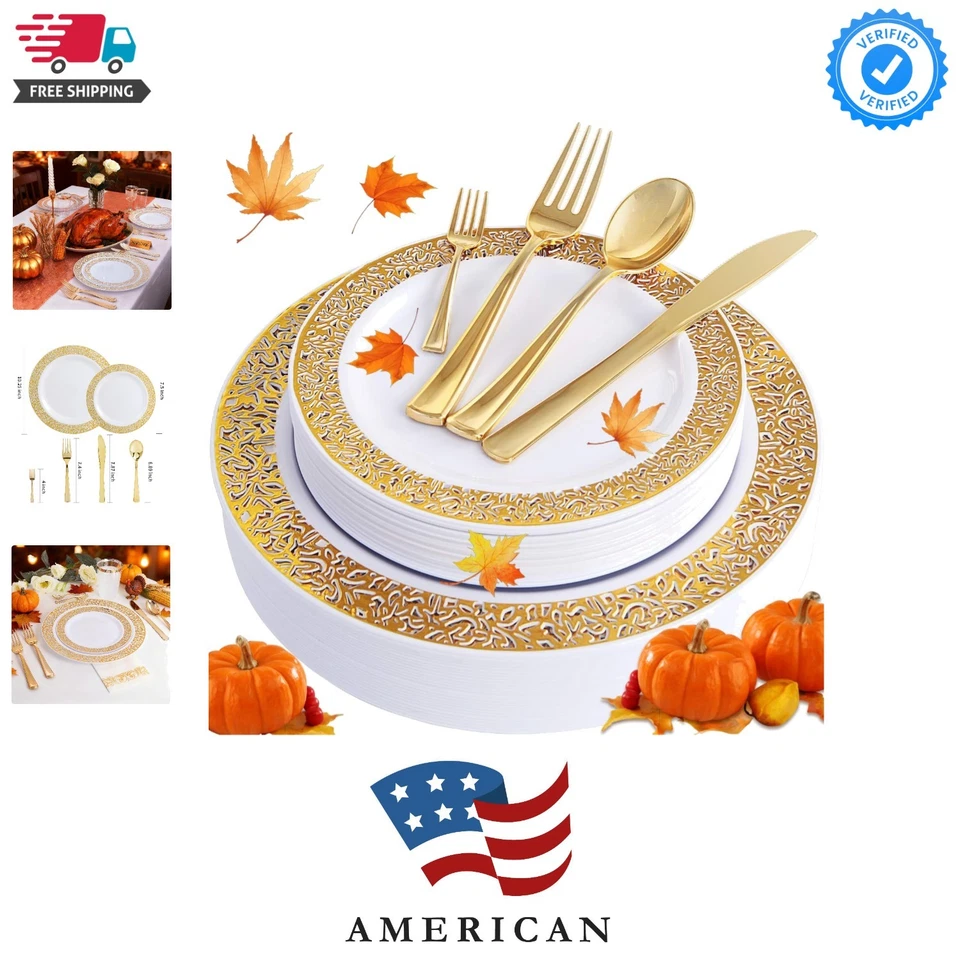 WDF 150pcs Gold Plastic Plates With Disposable Silverware Lace Design Tableware