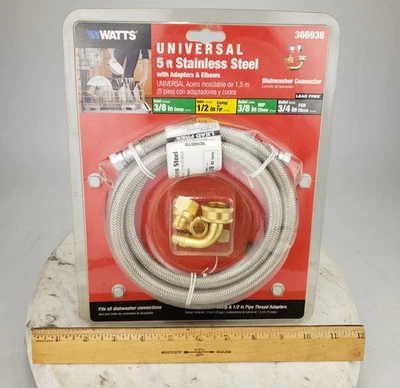 Conector universal para lavavajillas vatios codos de acero inoxidable 5 pies 3/8 pulgadas latón Foto 1 de 4