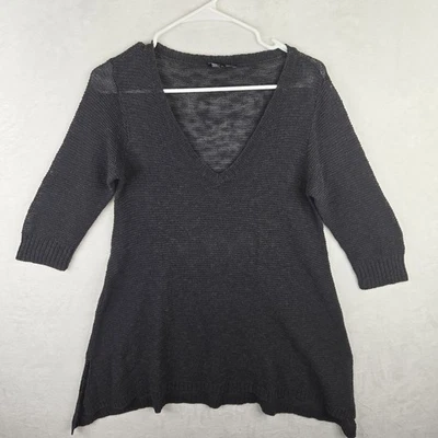 Pulôver Eileen Fisher cinza carvão mistura de linho gola V malha aberta suéter P - Imagem 1 de 4