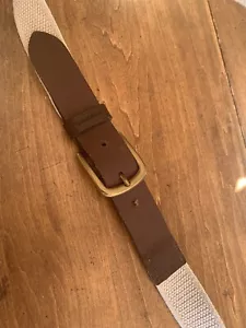 Cinturón Eddie Bauer Crema Lona Elástico Cuero Marrón Latón Hebilla EE. UU. 54-56 - Imagen 1 de 4