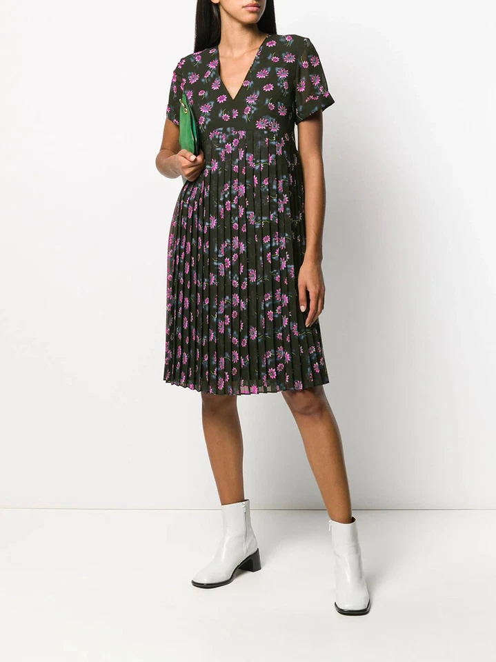 KENZO Paris Midi Dress Floral Passion Flowers Bottle Green Pleated Size 38 S M - image 1 of 4