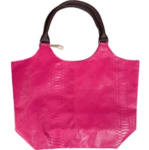 NEIMAN MARCUS SHINY BUTTERY DEEP PINK SNAKE EMBOSSED BROWN HANDLES NEW WITH TAGS - Picture 1 of 5