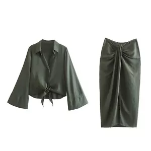 Spring Women's Chic Simple Fashion Lapel Lace-Up Shirt + Half Skirt 2-Piece Set - Picture 1 of 8