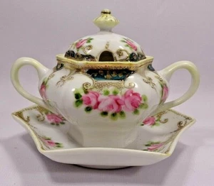 Antike Nippon 6-seitig handbemalte Porzellan Zuckerdose mit Deckel, Unterteller - Bild 1 von 10