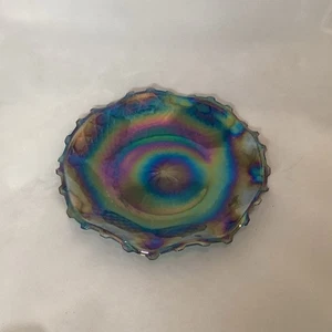 Indiana Blue Iridescent Carnival Glass Diamond Point Starburst Ruffled Bowl 10” - Picture 1 of 7