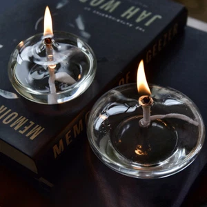 Handmade Oblate Transparent Glass Candlestick Oil Lamp With Wick Dinner Tabl SYL - Picture 1 of 12