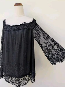 City Chic Lace Black Women's 3/4 Lace Sleeves Cold Shoulder Top Plus Size XS/14 - Picture 1 of 9