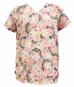 Serene Uniform Women's Fashion Medical Scrub Tops Pink Daily Llama Rainbow 2XL - Picture 1 of 3