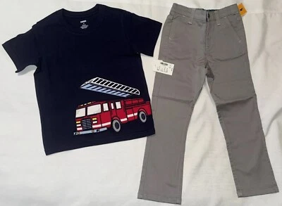 Camiseta Gymboree Niño Talla 5T Azul Marino Camión de Bomberos Gris Pull On Sarga Pantalones Nueva Escuela Foto 1 de 4