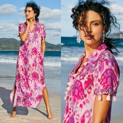 Soft Surroundings NWT Pink Palace Maxi Dress Caftan Embroidered Tassels PXL - Image 1 of 4