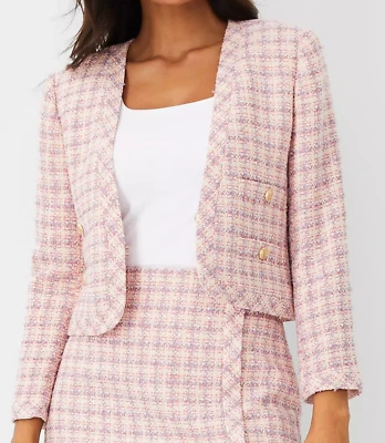 NUEVA CHAQUETA CORTA ANN TAYLOR ROSA PÚRPURA A CUADROS TWEED CUELLO EN V TALLA 4 Foto 1 de 4