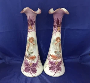 Set of Two Antique Art Nouveau Continental Large Milk Glass Vases - FREE POSTAGE - Picture 1 of 8