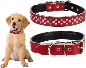 Rhinestones Pet Dog Collars Adjustable Sparkly Crystal Studded Genuine Leather P - Picture 1 of 12