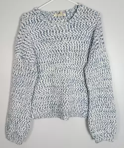 Yet Again Blue White Boucle Knit Sweater Large Pullover Drop Sleeve Round Neck - Picture 1 of 10