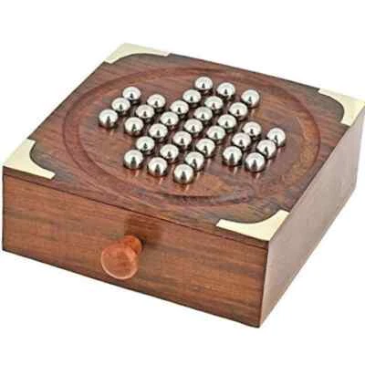 Handmade Indian Wooden Solitaire Board Game with Stainless Steel Balls for Kids - Image 1 of 4
