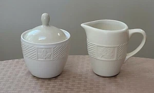 Pfaltzgraff SIERRA Creamer & Sugar Bowl w/ Lid White Embossed Lines Leaves ~NEW1 - Picture 1 of 5