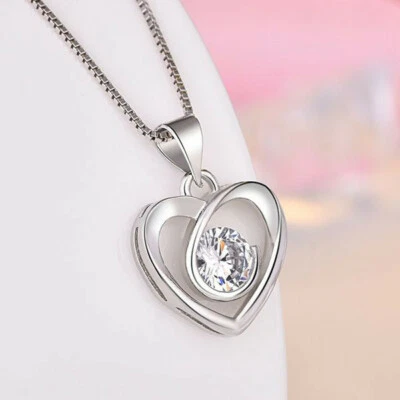 Halskette Herz Anhänger Zirkonia Kristall Collier Silber 18K Weißvergoldet Damen - Bild 1 von 3