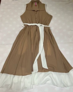 Beige w/ Off White Trim Lined Chiffon Full A-line Skirt Button Front Bodice Dres - Picture 1 of 3