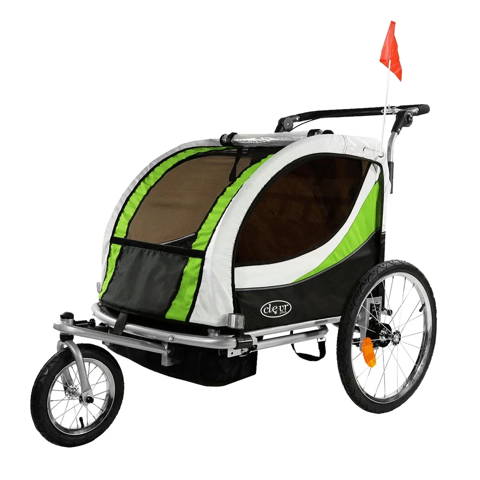 Carrinho de passeio ClevrPlus Deluxe 3 em 1 assento duplo reboque bicicleta jogger para crianças, verde - Imagem 1 de 4