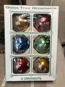 Schachtel mit 6 Vintage Weihnachten Glitzer Schablonen Glaskugel Ornamente - Bild 1 von 17