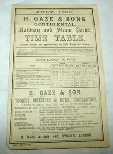 1885 London H.Gaze & Son's Continental Railway & Steam Packet Fahrplan - Bild 1 von 5
