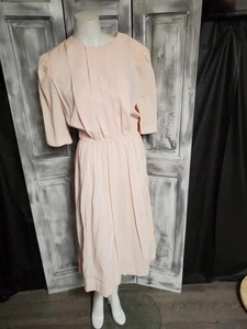 80s Secretary Dress Pastel Pink Vtg Shoulder Pads Elastic Waist Pockets M-L - Picture 1 of 4