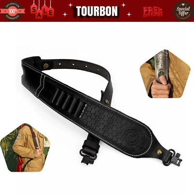 TOURBON Leather Rifle Sling Bullets Carry Strap Ammo Slot 2 Points Black+Swivels - Image 1 of 4