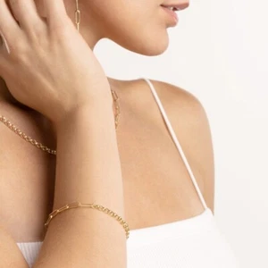 Mixed Paperclip and Rolo Link Chain Bracelet Women 14K Yellow Real Gold Sz 7.5" - Picture 1 of 5