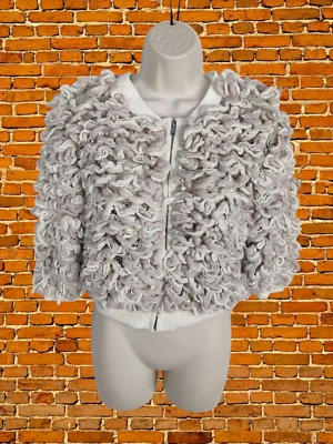 VINTAGE WOMENS SIZE UK 6 PINK IVORY LOOP KNIT ZIP CARDIGAN JUMPER WOOL ACRYLIC - Image 1 of 4