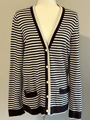 Cárdigan tejido a rayas marrón/blanco LAND’S END con botones y bolsillos para mujer’s L Foto 1 de 4