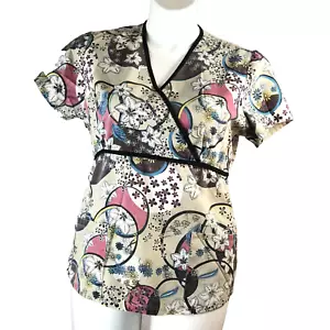 SB Scrubs Psychedelic Flowers Circle Outlines Size Medium Tan Scrub Top Tie Back - Picture 1 of 6