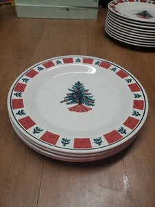 4 Folk Craft Stoneware HOLIDAY HOMECOMING Dinner Plates 10.5" Euc+ Bin 31  - Picture 1 of 3