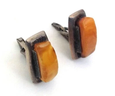 Gemelos geométricos modernos retro vintage 875 plata caramelo báltico ámbar  Foto 1 de 4