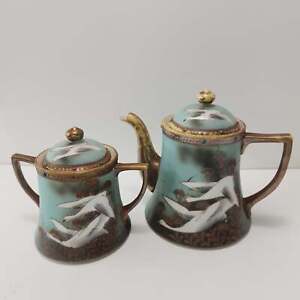 Japan Nippon Teal Gold Gilt Jeweled Flying Geese Sugar Bowl & Teapot Set - 1920s