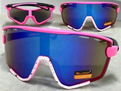 OVERSIZED Vintage Retro Sporty Wrap Shield Style SUN GLASSES Pink & White Frame - Image 1 of 4