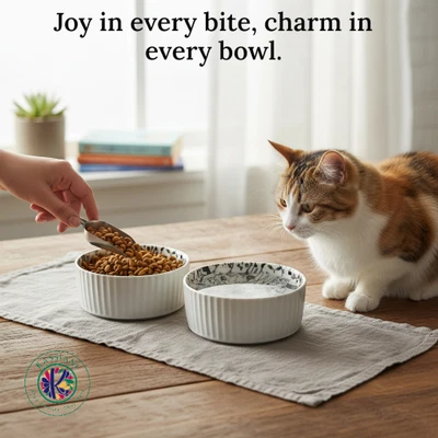 Фирменные керамические миски для кошек — набор из 2 с игривым дизайном для котят, сейф для микроволновой печи - Изображение 1 из 4