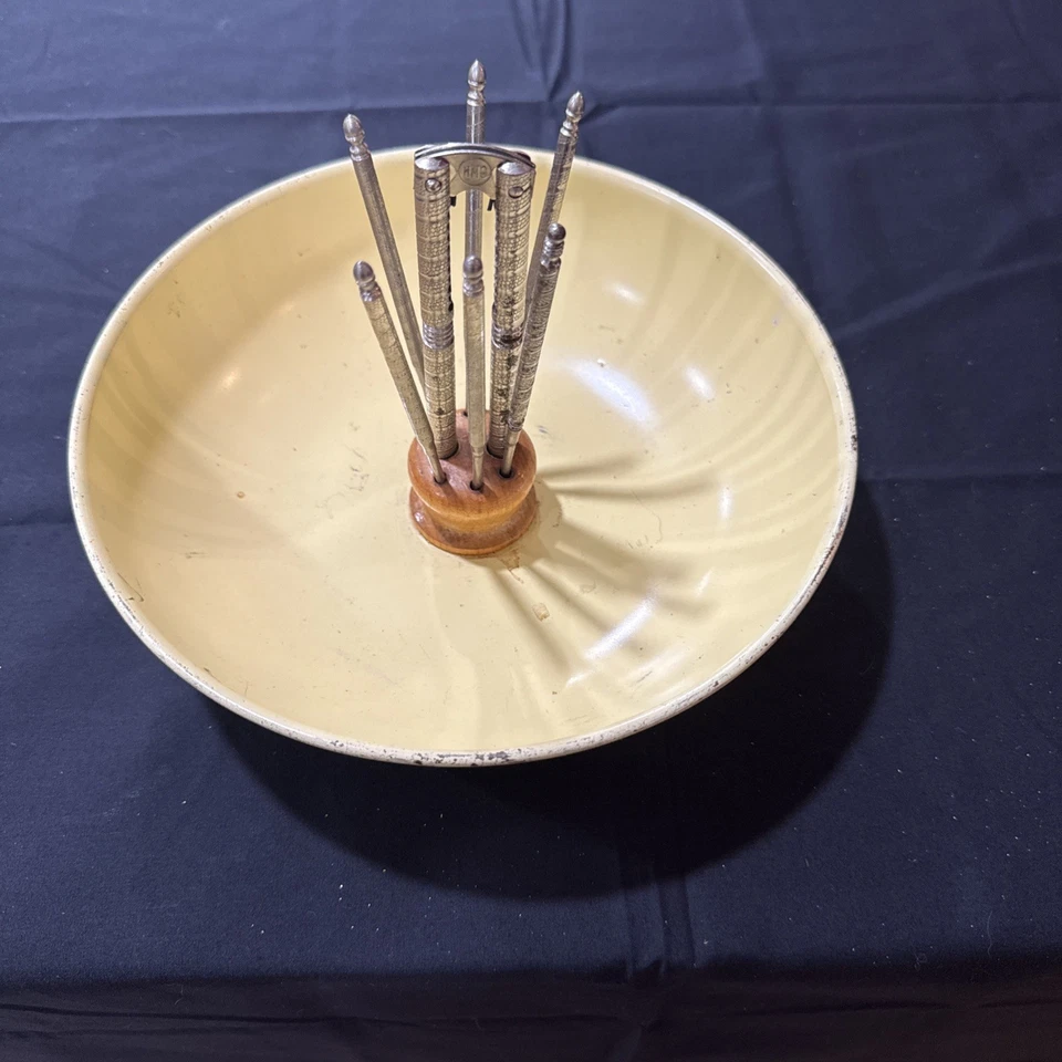 Vintage H.M Quackenbush Inc Metal Nutracker Bowl Wood Center Utensils Holder  - Image 1 of 4